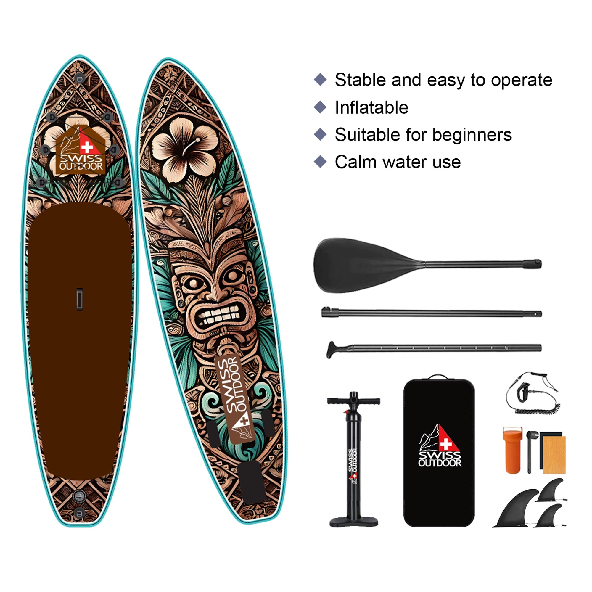 SWISS OUTDOOR S.O. Stand Up Paddle SUP 3-Finnen 2-Wege-Pumpe - 320cm TIKI