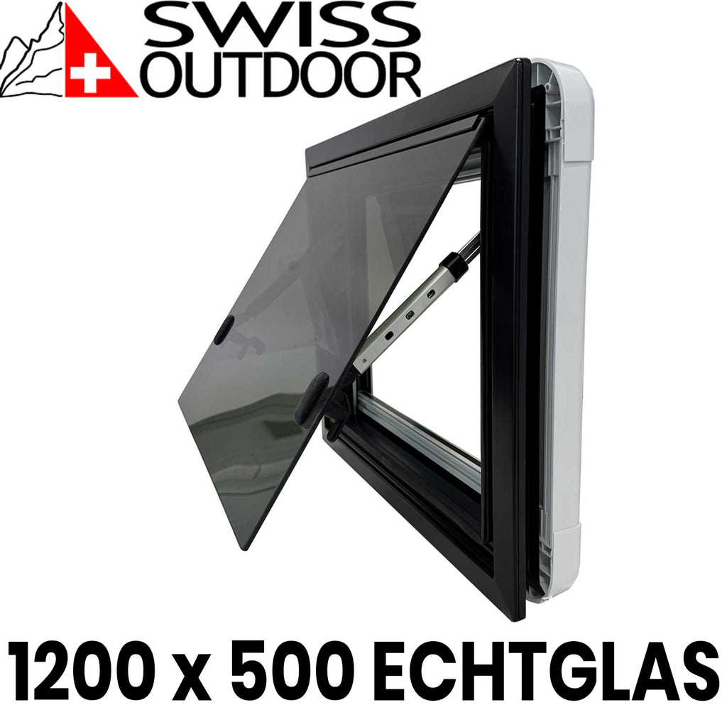 SWISS OUTDOOR S.O. Ausstellfenster Echtglas 1200x500 Eckig Innenrahmen weiß