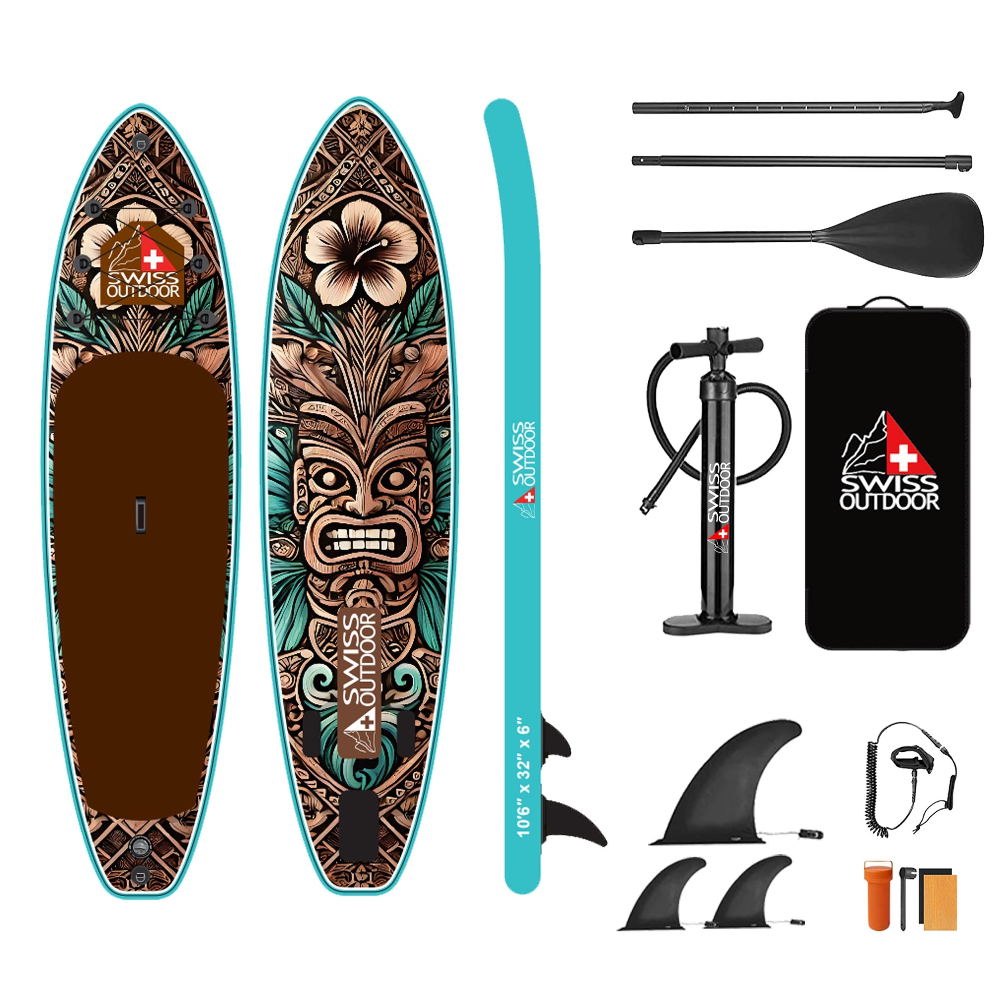 SWISS OUTDOOR S.O. Stand Up Paddle SUP 3-Finnen 2-Wege-Pumpe - 320cm TIKI