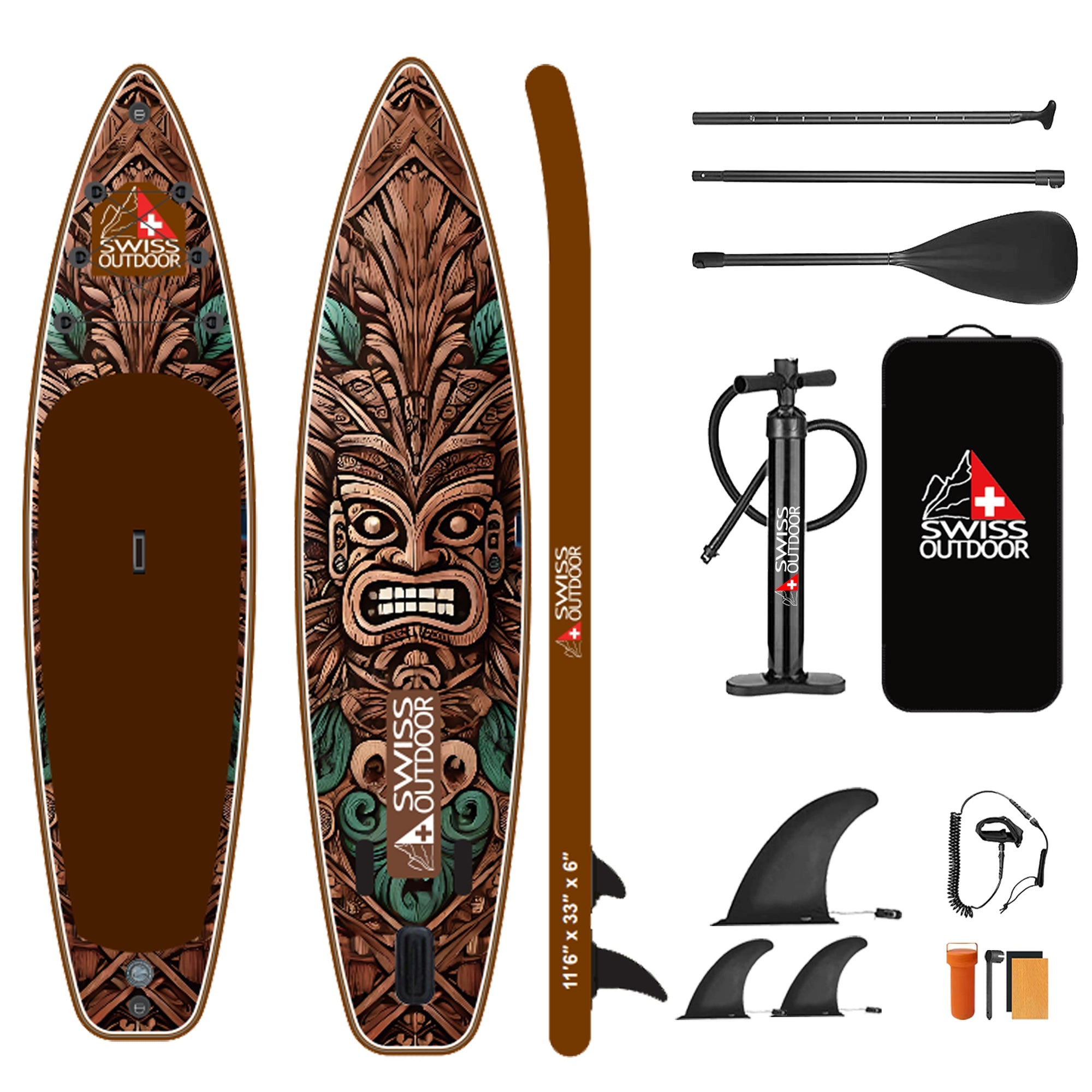 SWISS OUTDOOR S.O. Stand Up Paddle SUP 3-Finnen 2-Wege-Pumpe - 350cm TIKI