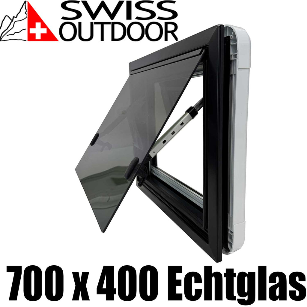 SWISS OUTDOOR S.O. Ausstellfenster Echtglas 700x400 Eckig Innenrahmen weiß