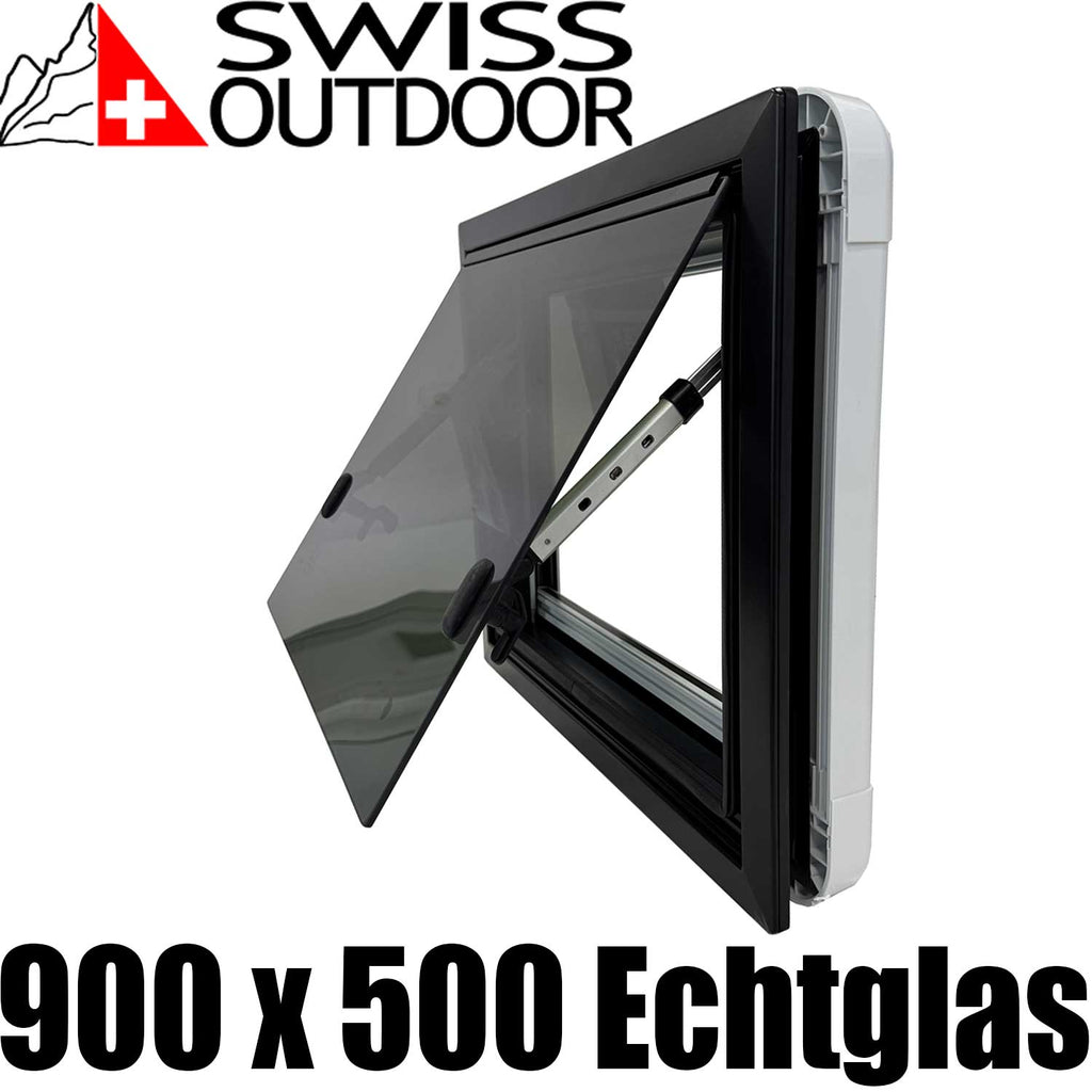 SWISS OUTDOOR S.O. Ausstellfenster Echtglas 900x500 Eckig Innenrahmen weiß