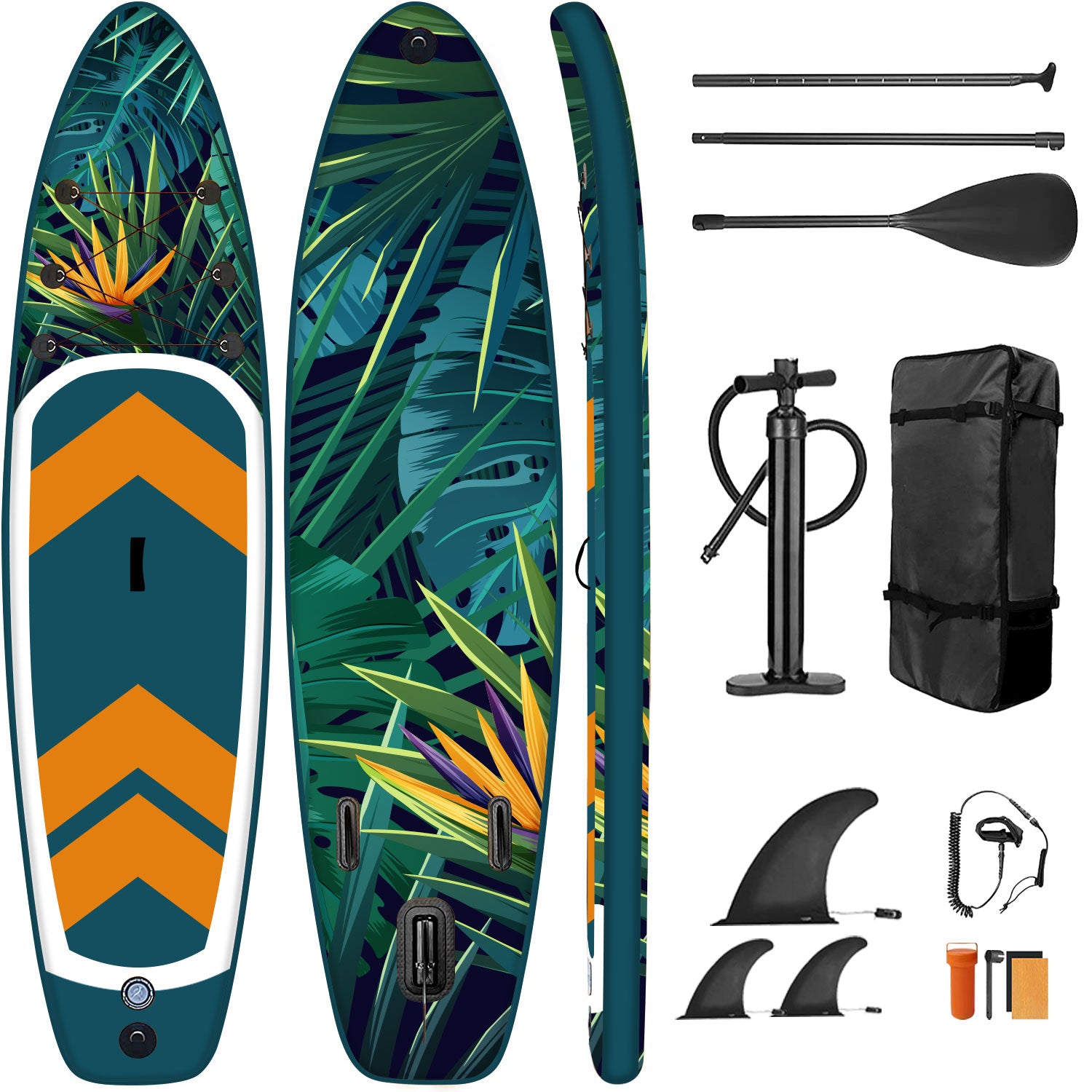 SWISS OUTDOOR S.O. Stand Up Paddle SUP 3-Finnen 2-Wege-Pumpe - 320cm Dschungeldesign