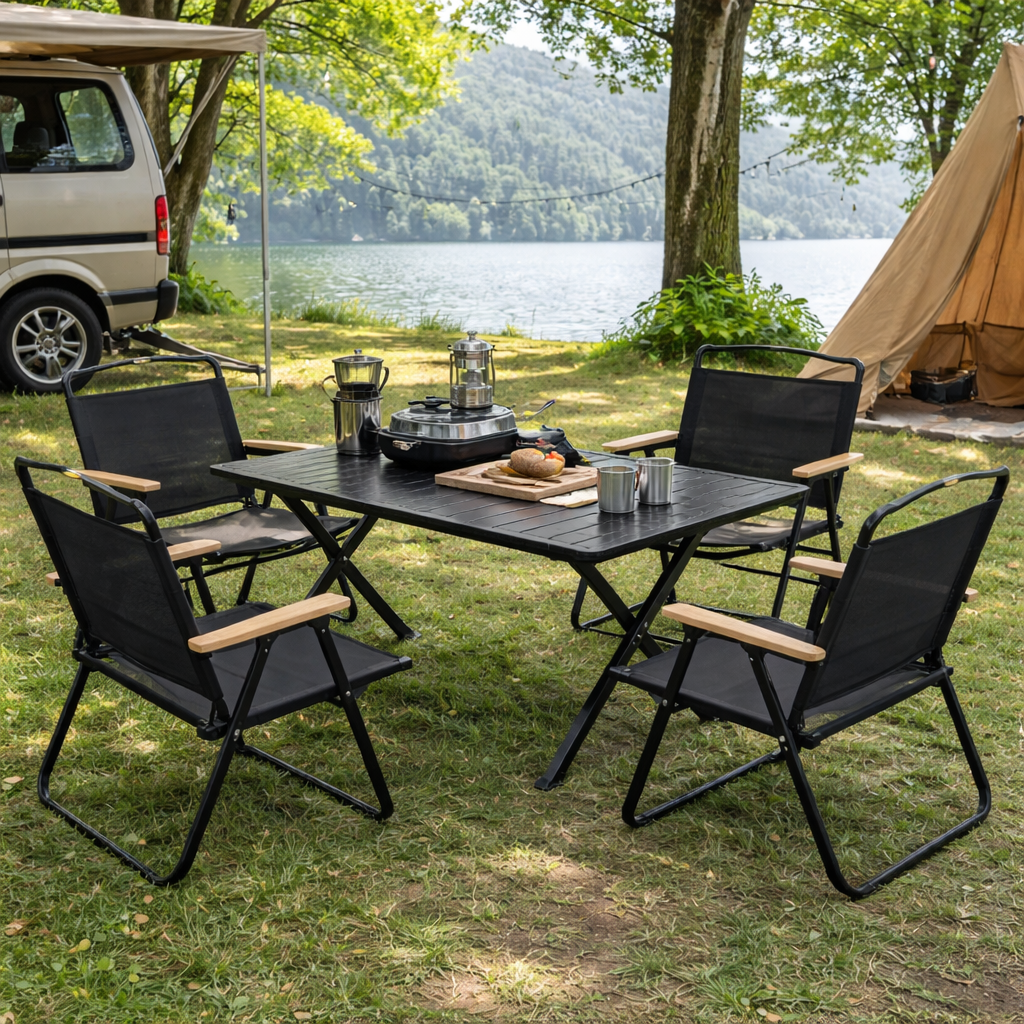 SWISS OUTDOOR Camping Tisch mit 4 Stühlen Set – 120x60 cm Klapptisch + 4 faltbare Campingstühle Outdoor Möbel