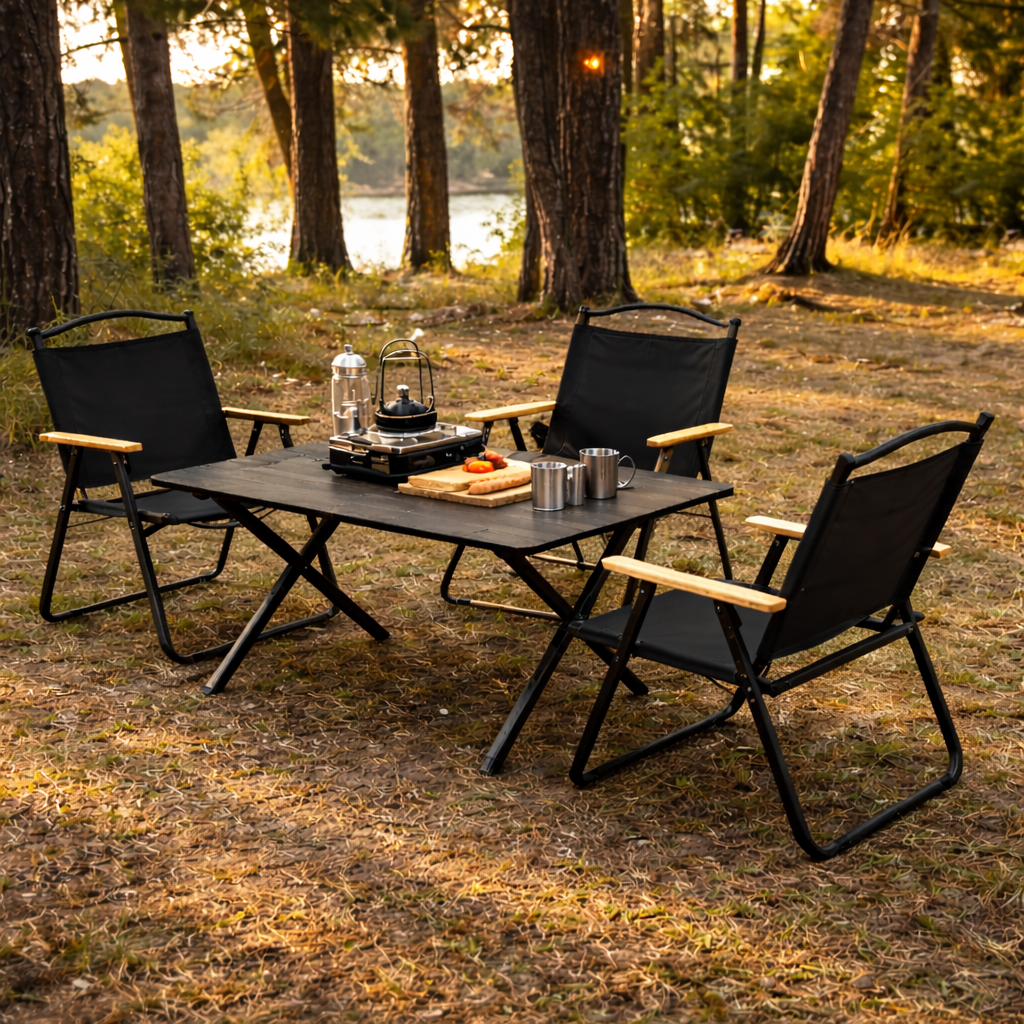 SWISS OUTDOOR Camping Tisch mit 4 Stühlen Set – 120x60 cm Klapptisch + 4 faltbare Campingstühle Outdoor Möbel