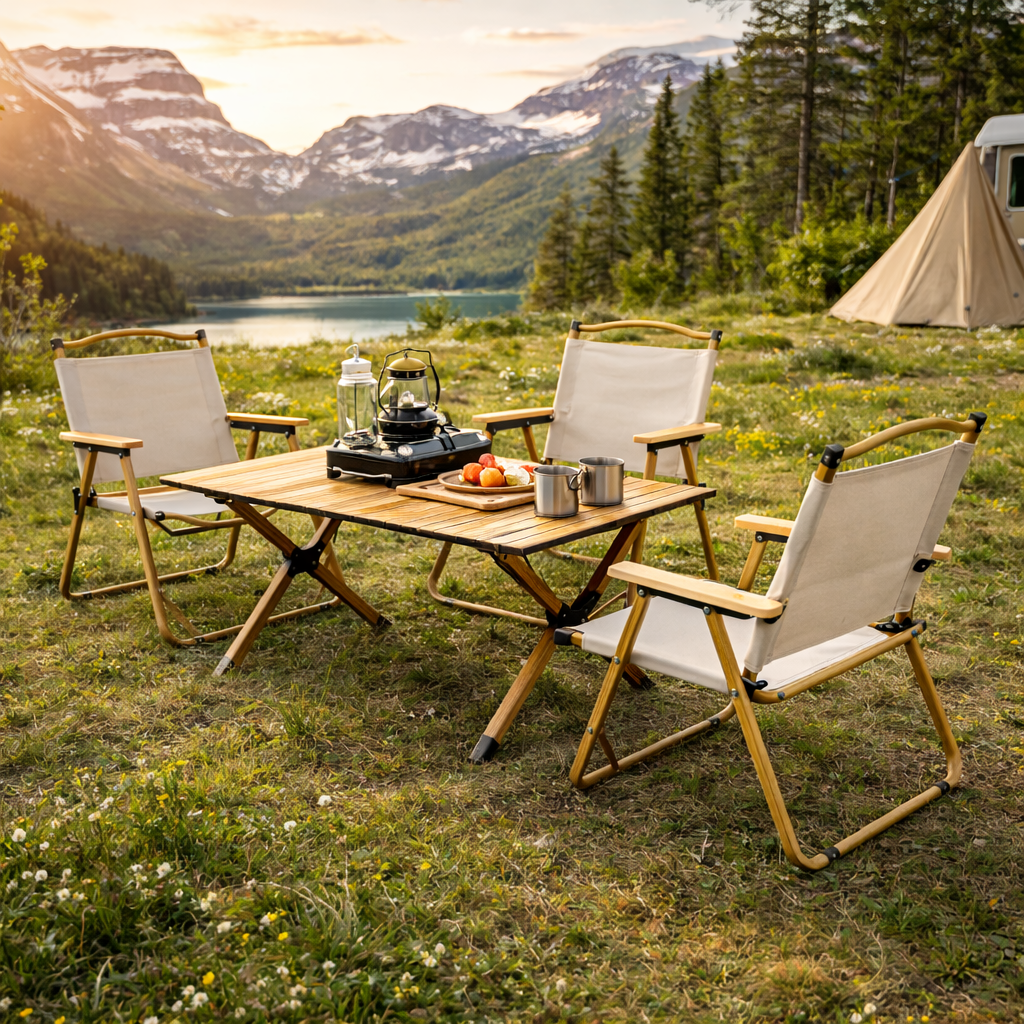 SWISS OUTDOOR Camping Tisch mit 4 Stühlen Set – 120x60 cm Klapptisch + 4 faltbare Campingstühle Outdoor Möbel