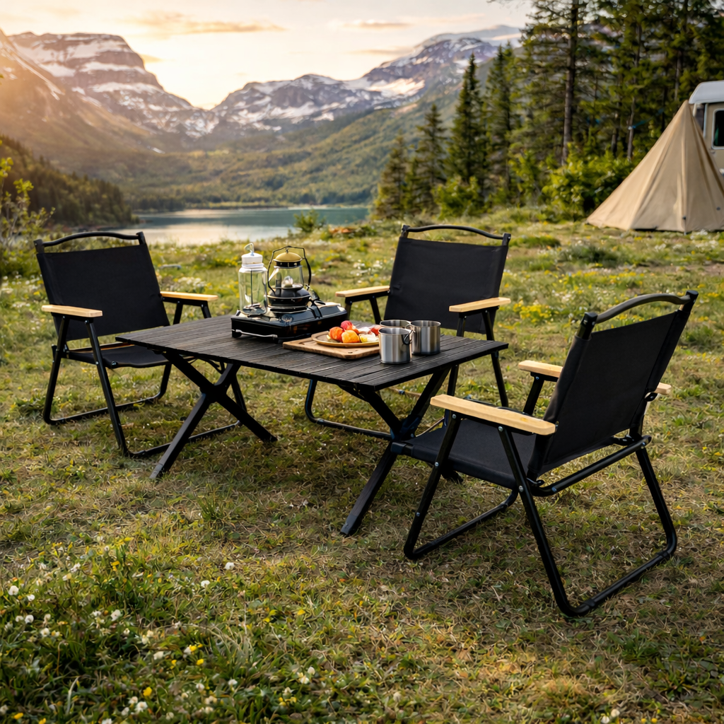 SWISS OUTDOOR Camping Tisch mit 4 Stühlen Set – 120x60 cm Klapptisch + 4 faltbare Campingstühle Outdoor Möbel