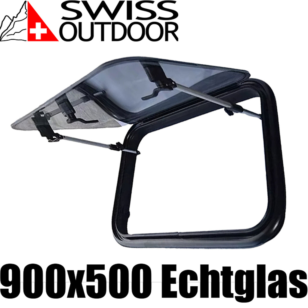 SWISS OUTDOOR S.O. Ausstellfenster Echtglas 900x500 Rund Innenrahmen weiß