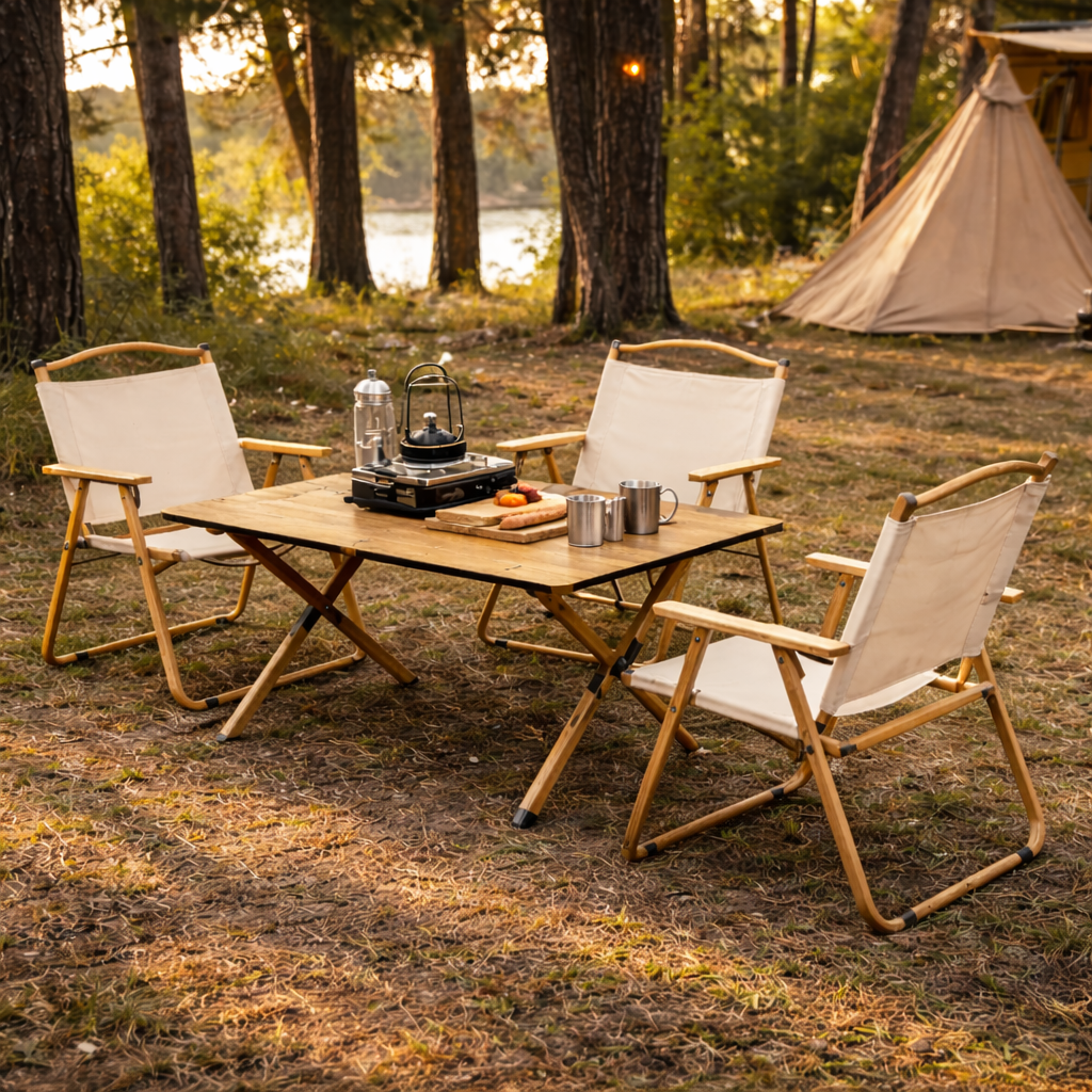 SWISS OUTDOOR Camping Tisch mit 4 Stühlen Set – 120x60 cm Klapptisch + 4 faltbare Campingstühle Outdoor Möbel