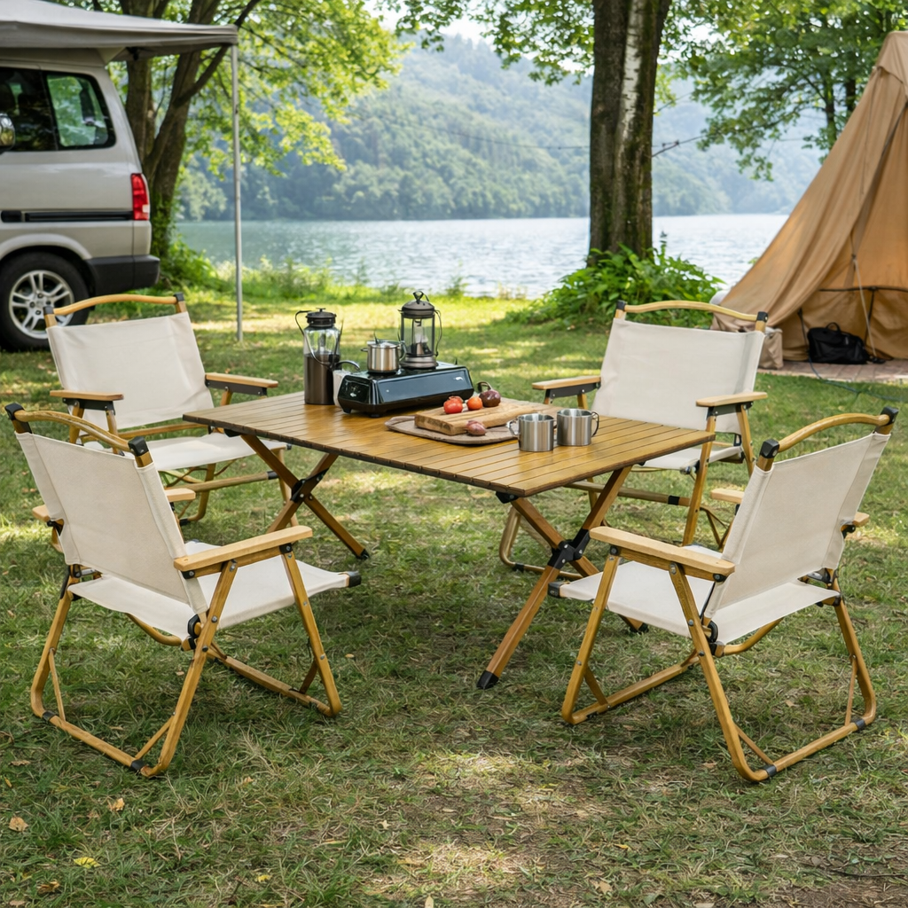 SWISS OUTDOOR Camping Tisch mit 4 Stühlen Set – 120x60 cm Klapptisch + 4 faltbare Campingstühle Outdoor Möbel