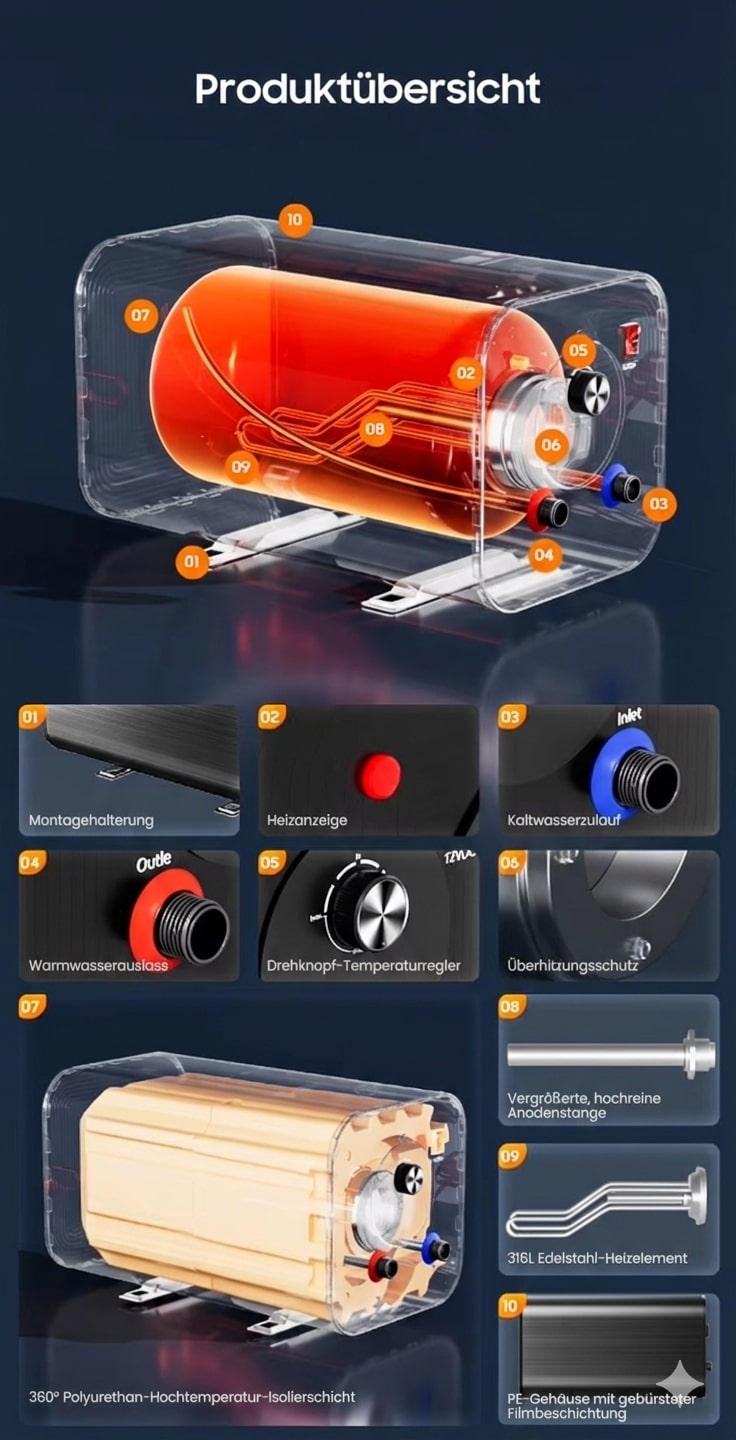 SWISS OUTDOOR S.O. 12V 230V HYBRID Camper Warmwasserboiler 15 Liter 300W / 600W Wohnwagen Boiler mit Bedienelement