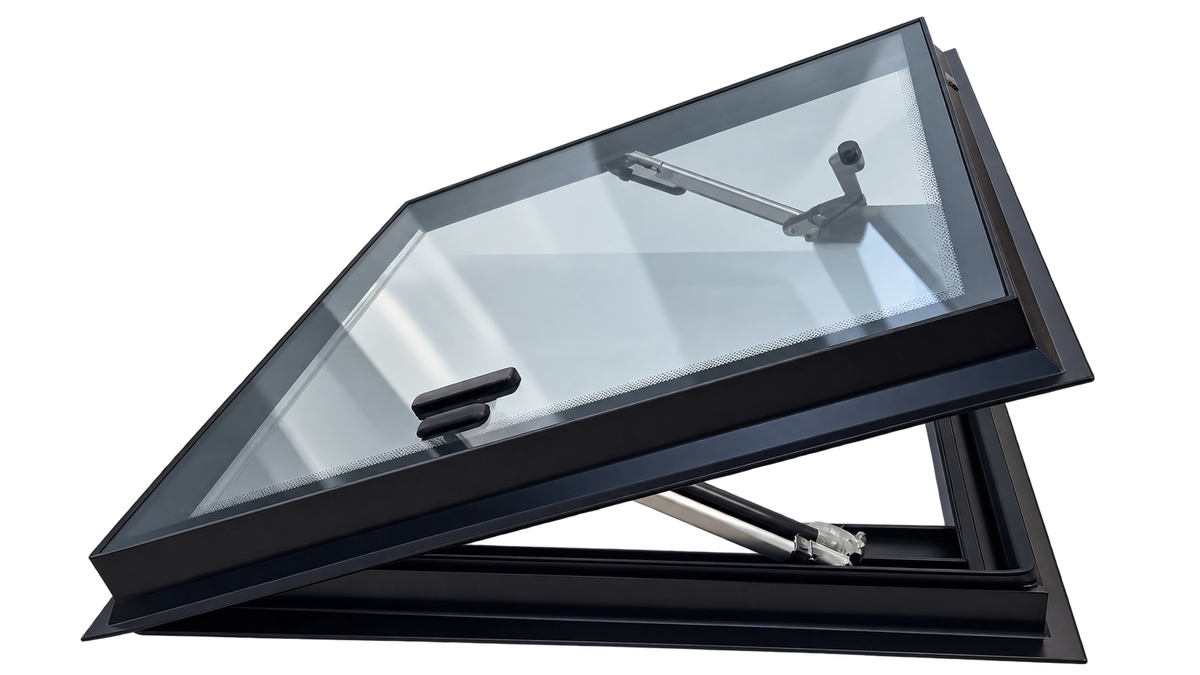 SWISS OUTDOOR S.O. Skylight RV XXL 1200x600 Real Glas Right Angle BLACK ELEKTRISCH