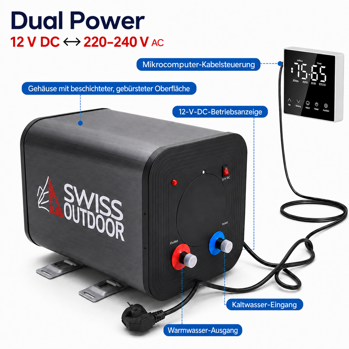 SWISS OUTDOOR S.O. 12V 230V HYBRID Camper Warmwasserboiler 6 Liter 300W Wohnwagen Boiler mit Bedienelement