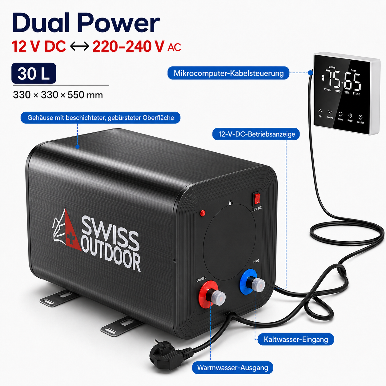 SWISS OUTDOOR S.O. 12V 230V HYBRID Camper Warmwasserboiler 30 Liter 300W / 600W Wohnwagen Boiler mit Bedienelement