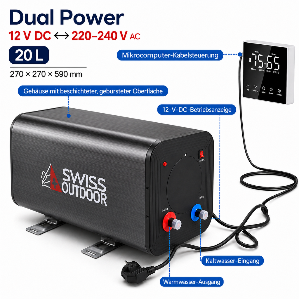 SWISS OUTDOOR S.O. 12V 230V HYBRID Camper Warmwasserboiler 20 Liter  300W / 600W Wohnwagen Boiler mit Bedienelement
